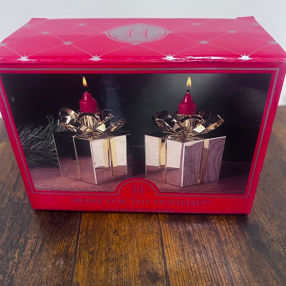 Home For The Holidays Silverplate Brass Gift Box Candleholders Set of 2 Vintage